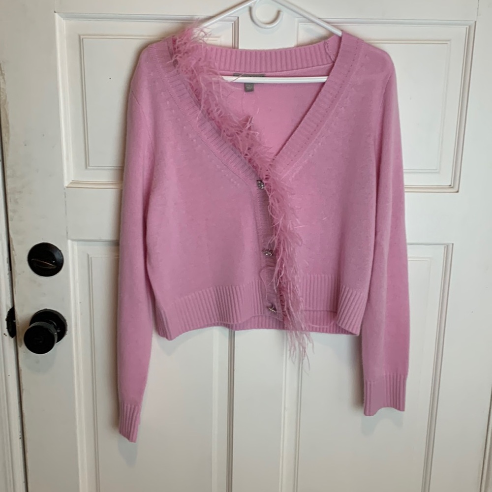 Jcrew pink Feather-trim cropped cardigan sweater with jewel buttons